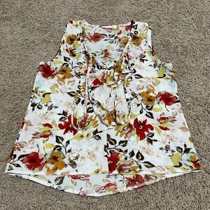Tiffany & Grey Blouse Small Yellow Red Floral Sleeveless Button Lace Accent